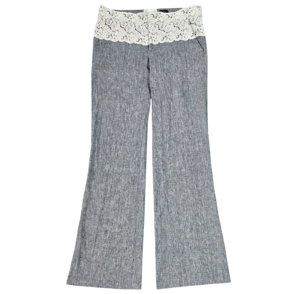 Elevenses Anthropologie The Brighton Linen Blend Gray Flare Pants Lace Overlay - Picture 1 of 10